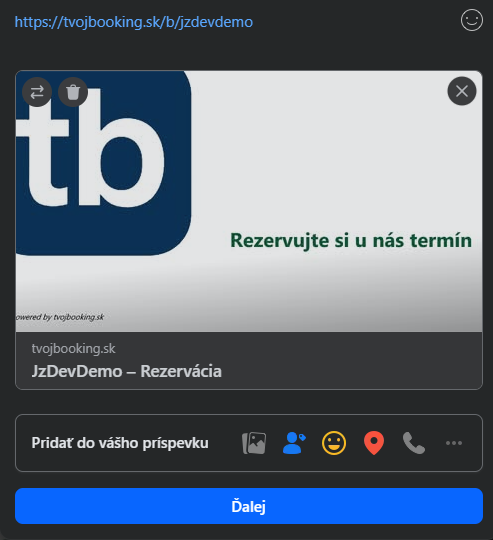 Ukážka zdieľania na facobook