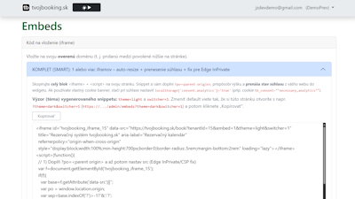 Embed kód a verifikácia domény