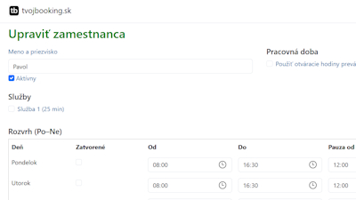 Nastavenie zamestnanca a kapacity
