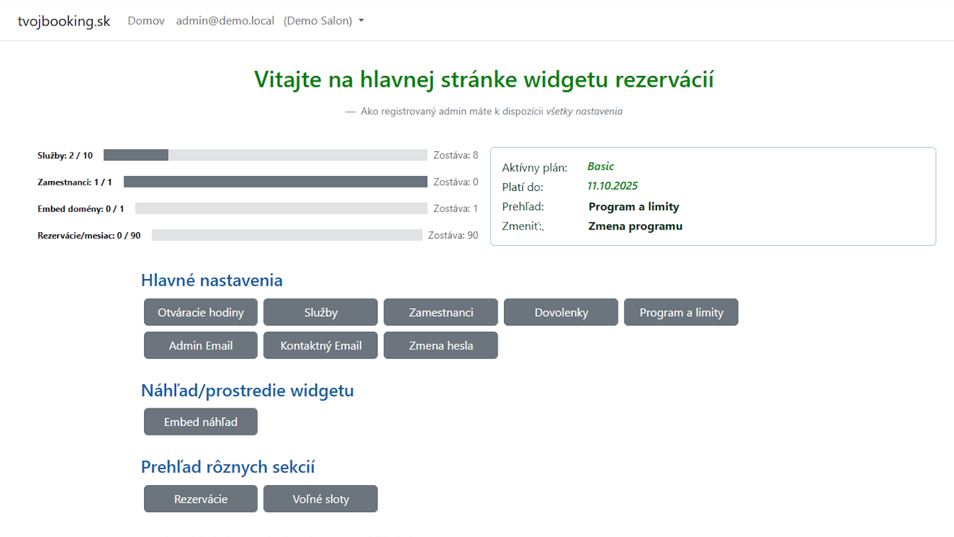 Ukážka TvojBooking – rezervačný widget a admin