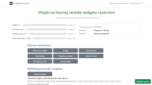 Ukážka TvojBooking – rezervačný widget a admin